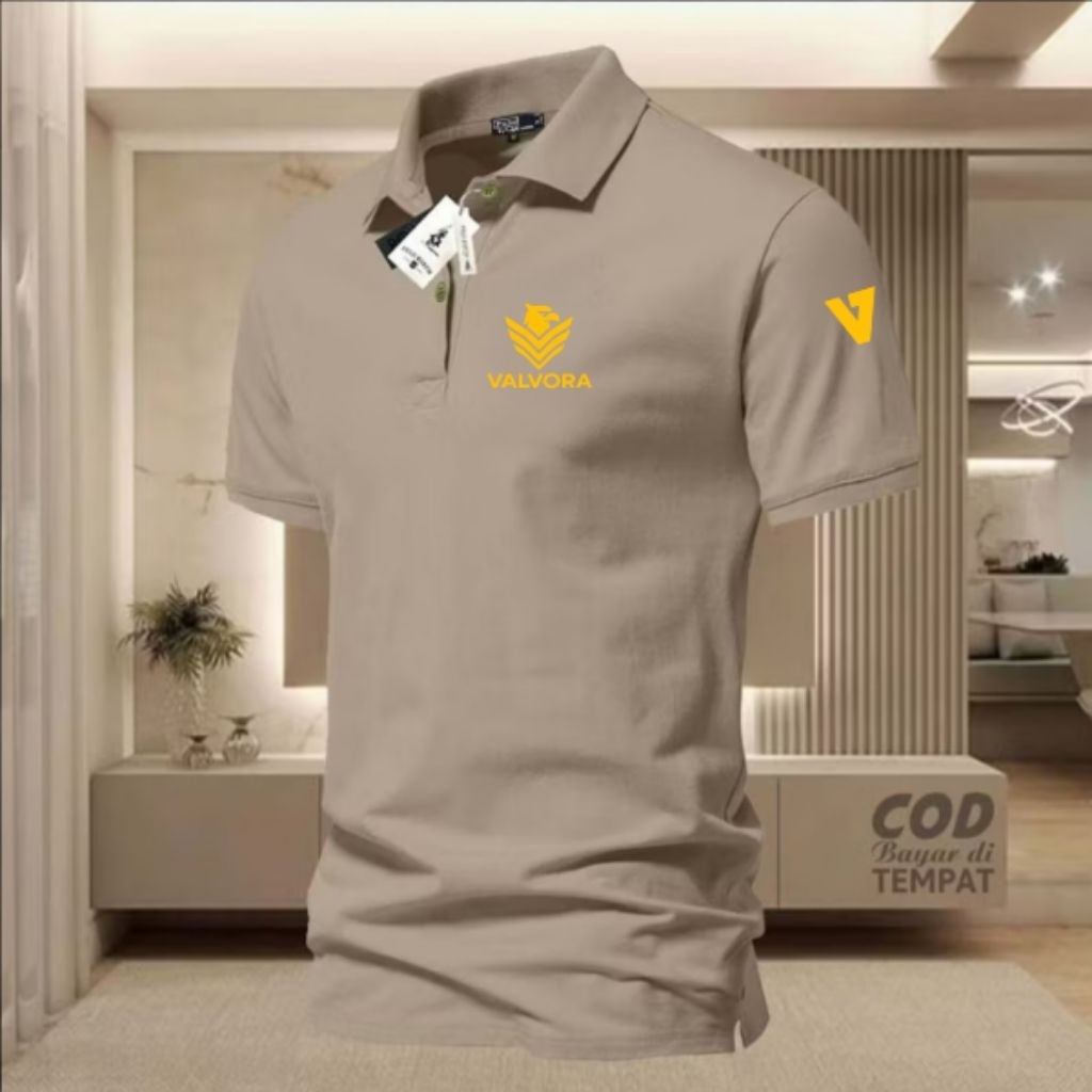 Polo Shirt VALVORA + Lengan Motif Logo Text Gold Kaos Polo Kerah Kaos Harian Kaos Kerja Premium Bran