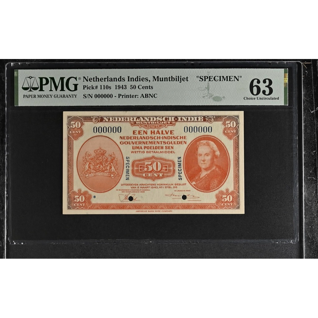 Koleksi Uang Kuno 50 PMG Score 63 Netherlands Indies, Muntbiljet "SPECIMEN", 50 Cents 1943