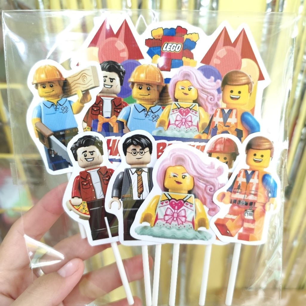 Cake Topper Karakter LEGO hiasan kue kertas Ulang Tahun Anak Happy Birthday