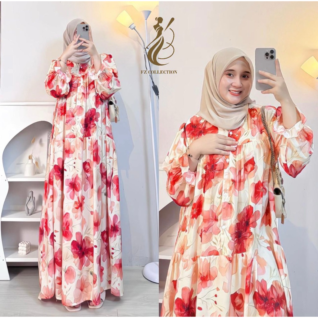 READY  DEWINA DRESS GAMIS JUMBO PANJANG RAYON DIAMOND LENGAN BALON SMOKE TERBARU
