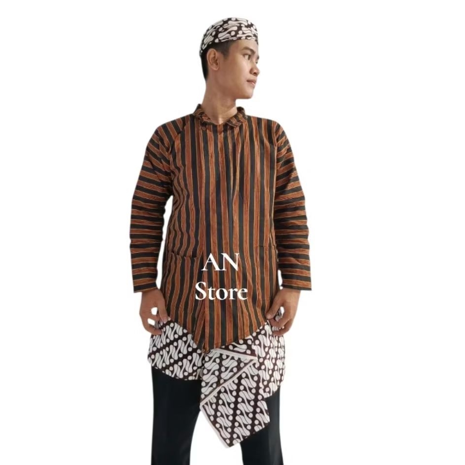 Setelan Surjan Dewasa + Blangkon Solo batik putih + Tapih jarik batik putih Motif senada