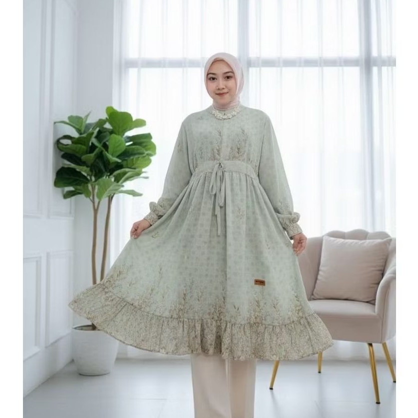 Tunik Ceruty Motif Tali Serut Depan Motif/Tunik Wanita Murah