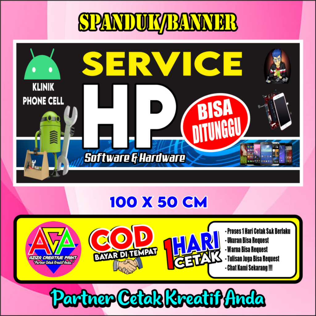Spanduk Service HP 100x50cm Flexi Cina Outdoor || Banner Servis HP Desain Menarik Custom