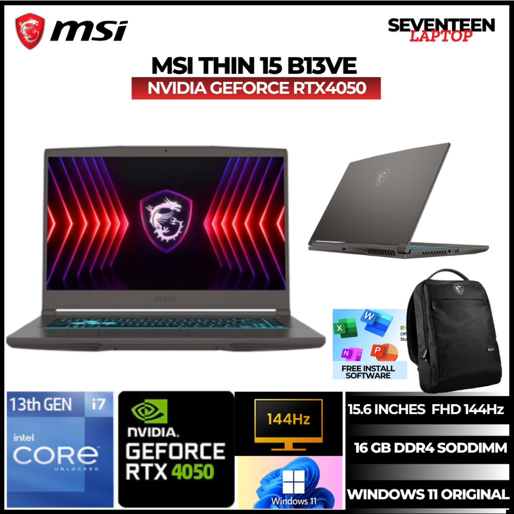 Laptop MSI THIN 15 B13Ve Intel Core i7 13620H Nvidia Geforce RTX4050 16GB 512GB SSD Win11 Original