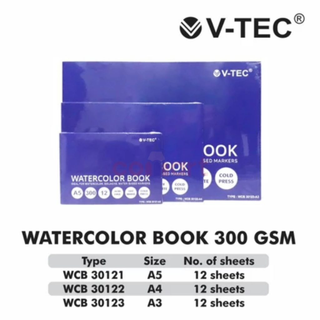 V-TEC Watercolor Sketch Book A5/A4/A3 300 Gsm Isi 12 Lembar COLDPRESSED