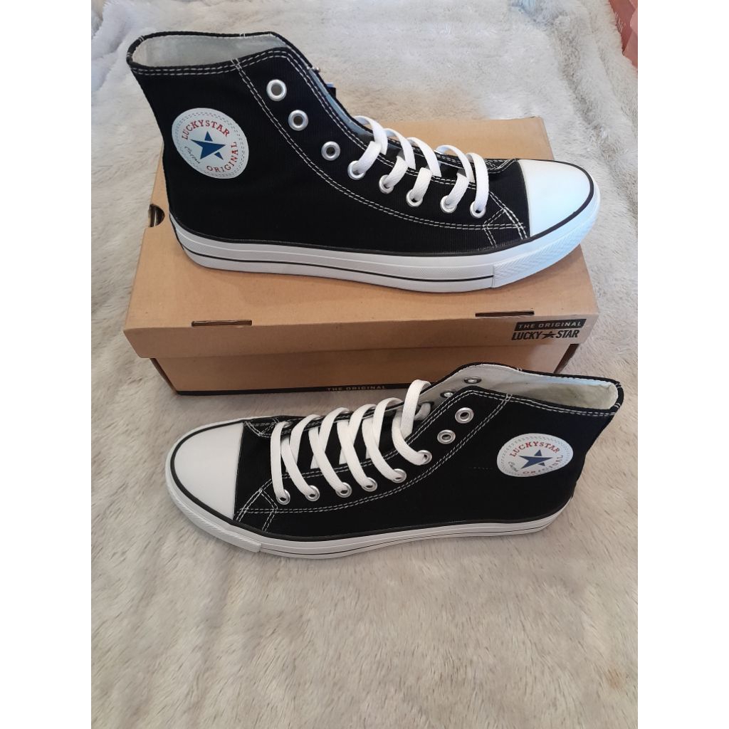 Sepatu Warrior Hitam Putih / Sneakers Pria / Lucky Star AF 1 bahan canvas