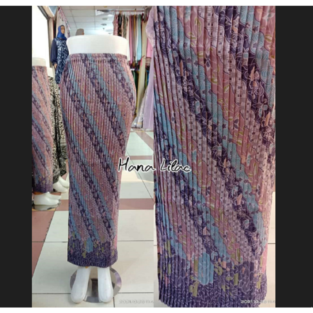 Rok Batik Wanita Model Plisket Bahan Semi Sutra Silky Motif Hana Warna Lilac