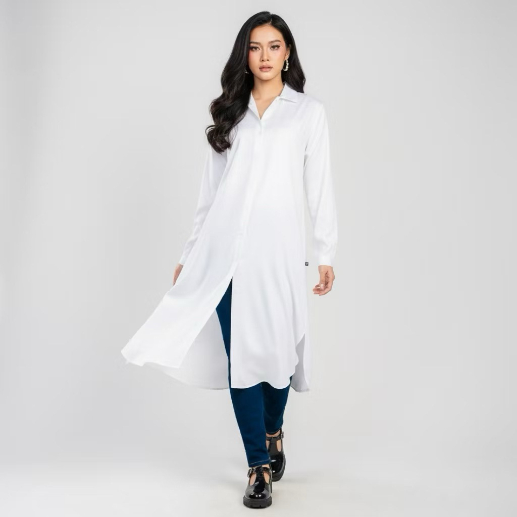C2 OUTFITTERS HANLIE White Casual Maxi Shirt Wanita
