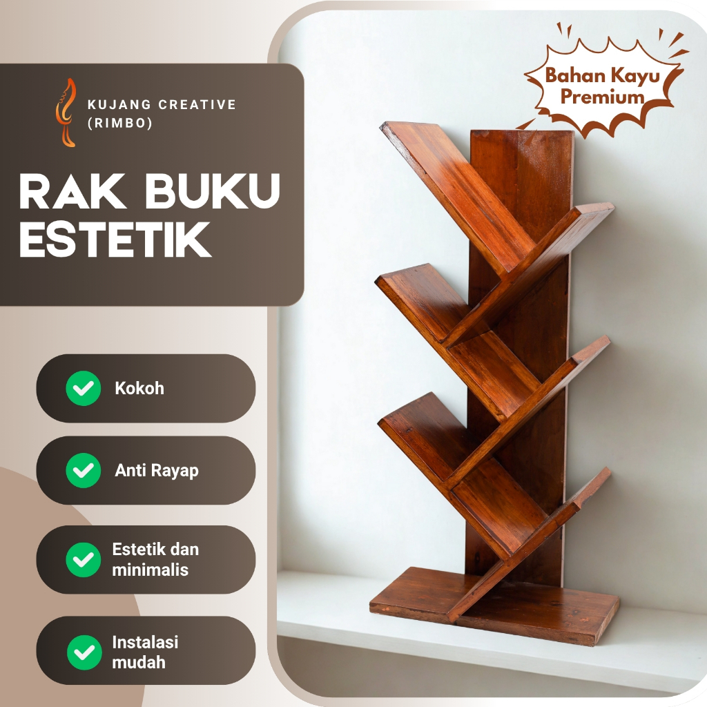 Rak Buku,  Rak Kitab, Rak Novel Estetik, Bahan Kayu Jati Belanda
