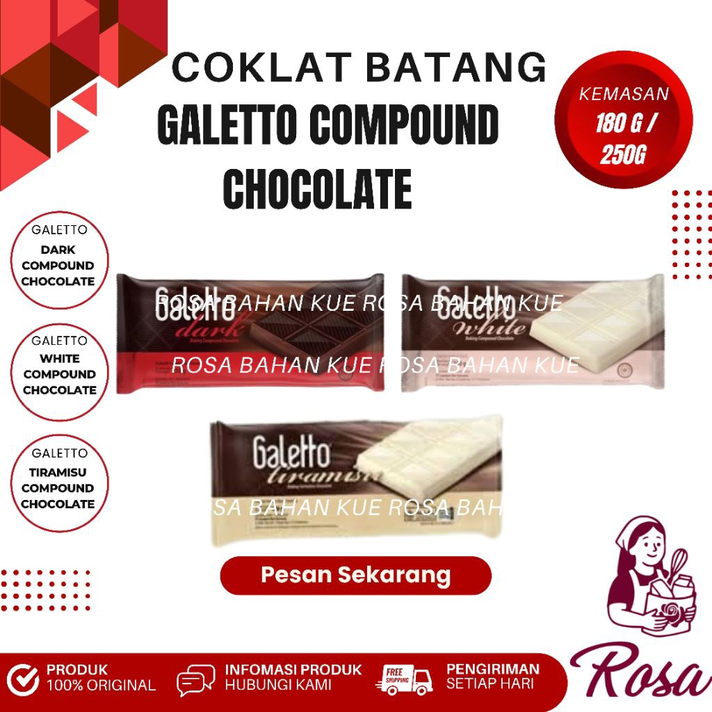 Galetto Coklat Batang Compound Dark 250 g, White 250 g & Tiramisu 180 g – Coklat Batang untuk Kue & 