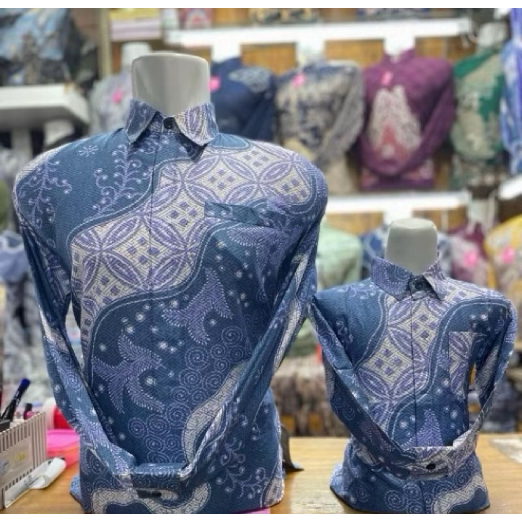 Kemeja Batik Biru Muda Couple Ayah Anak Atasan Batik Pria Lengan Panjang Baju Seragam Keluarga/Acara