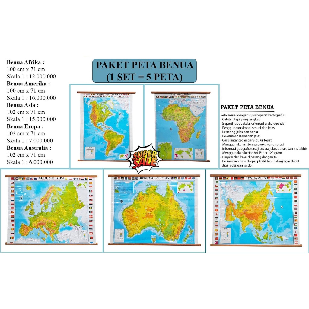 Paket Peta Benua (Bingkai) - (1 Set = 5 Peta Benua)