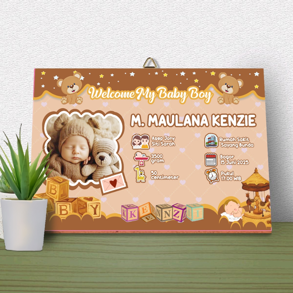 Hiasan dinding biodata bayi aesthetic coklat pink 20x30 kayu mdf