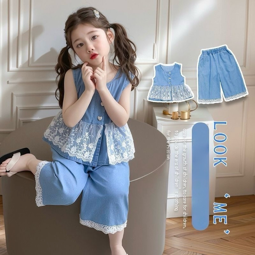 2-10Tahun Setelan sleeveless renda kulot baju anak perempuan korea ootd cantik