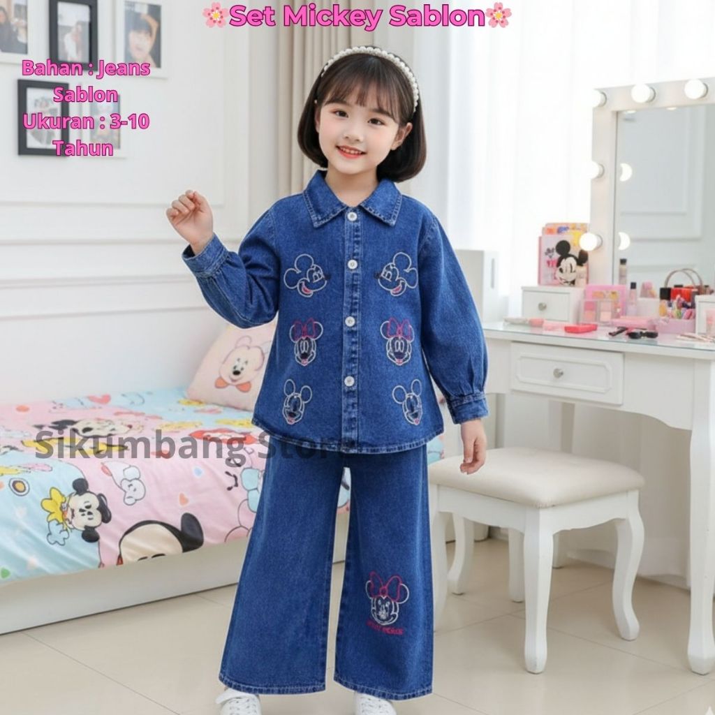 Stelan Mickey Jeans Bordir Anak Perempuan Usia 3 - 10 Tahun | Setcel Denim Celana Kulot Viral Korean