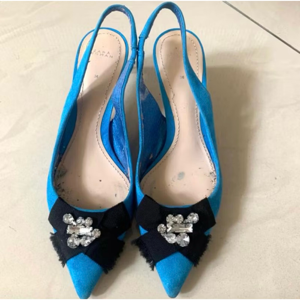 ZARA WOMAN blue heels black ribbon bow sparkle | sepatu heels biru wanita puta hitam zara original
