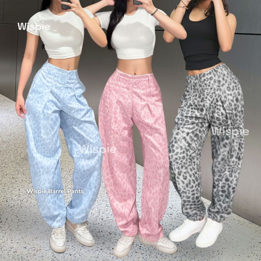 Wispie Barrel Pants | Celana High Waist Barel Wanita Leopard Pink Biru Motif