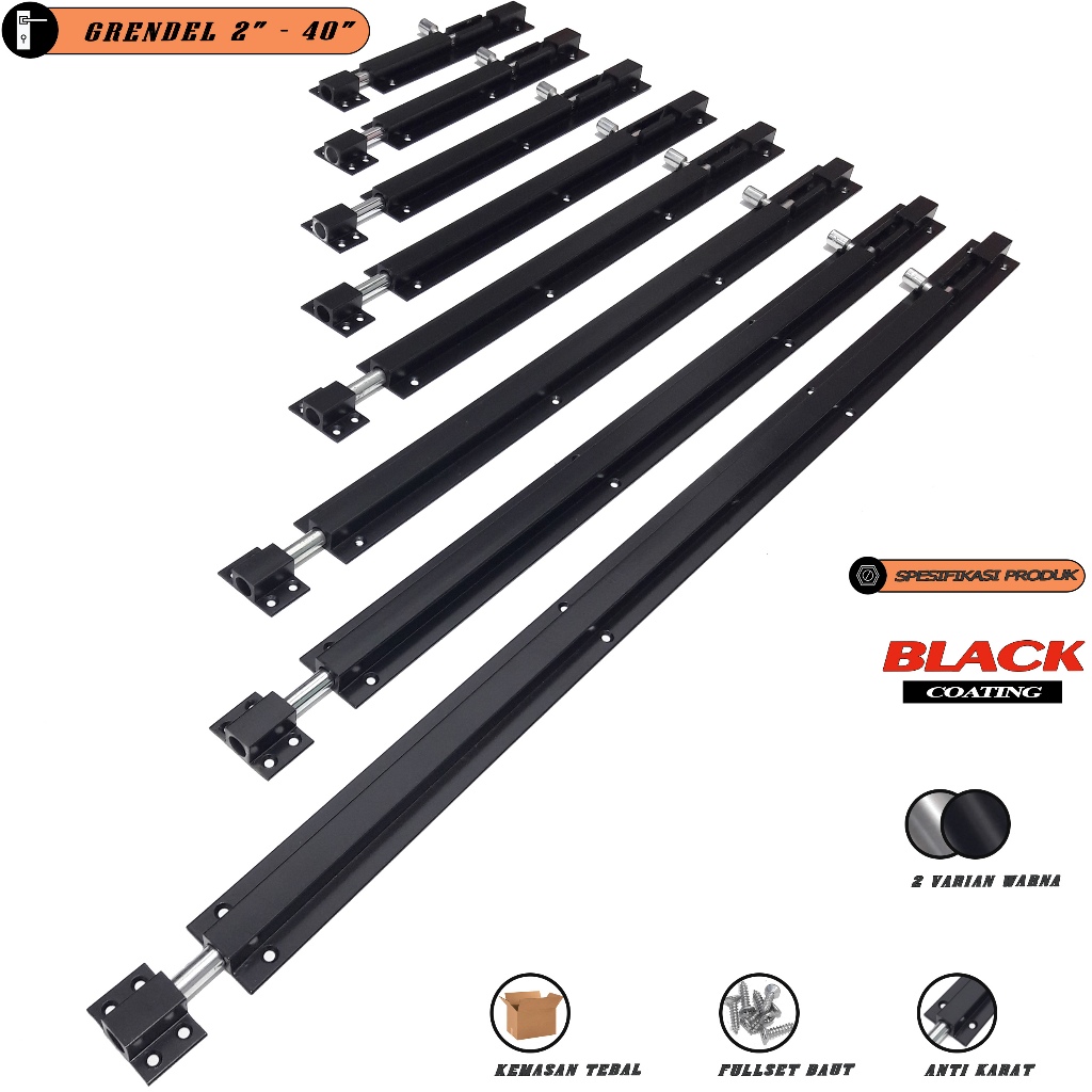Grendel Slot Pintu Hitam 60 cm 80 cm 100 cm Kunci Pintu Atas Bawah Kunci Slot Pintu Rumah