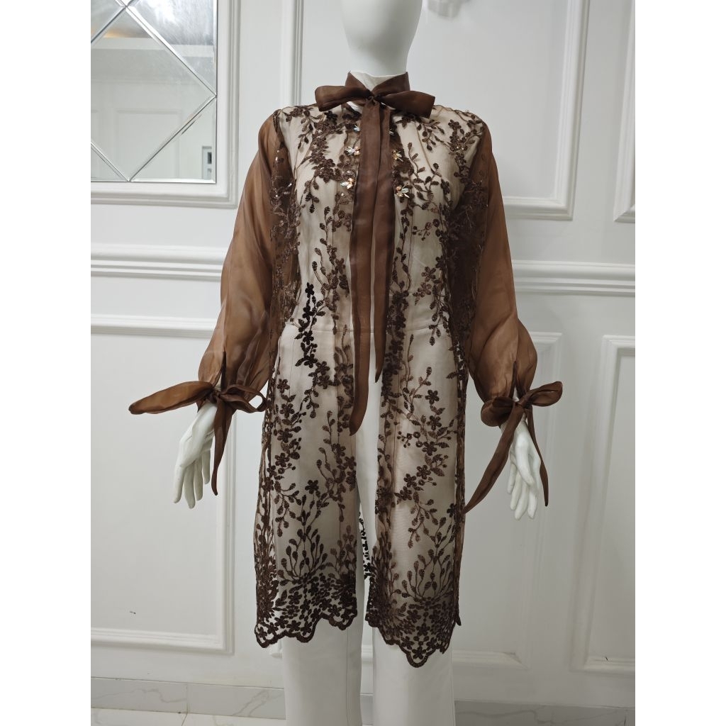 LD 110 Camellia Outer Brukat Organza Mewah Warna Coklat Mahogany Brokat Modern Payet Baju Pesta Kond