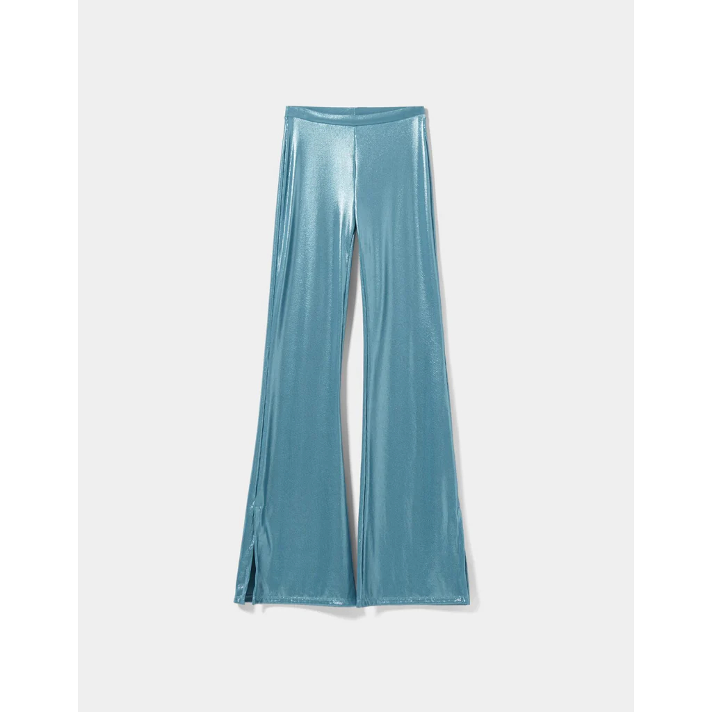 Bershka metallic split hem flare pants in blue