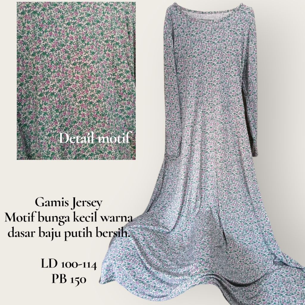 PRELOVED GAMIS BAHAN JERSEY WARNA PUTIH MOTIF BUNGA KECIL