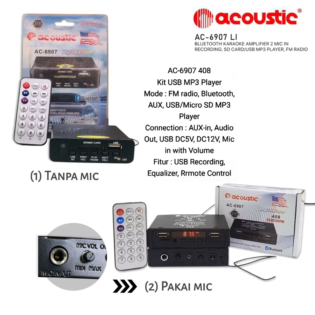 DIGITAL PLAYER MP3 ACOUSTIC AC - 6907 BLUETOOTH REMOTE / USB / FM / SD CARD DC 12V