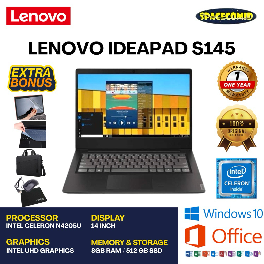 LENOVO IDEAPAD S145 [CELERON N4205U] 8GB RAM | 512GB SSD | 14 INCH | FREE ACC