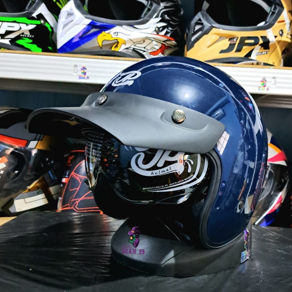 HELM JPX RETRO JP SIGNATURE OPEN FACE SO SOLID DEEP BLUE GLOSSY HALF FACE ORIGINAL SNI DOT | HELM RE