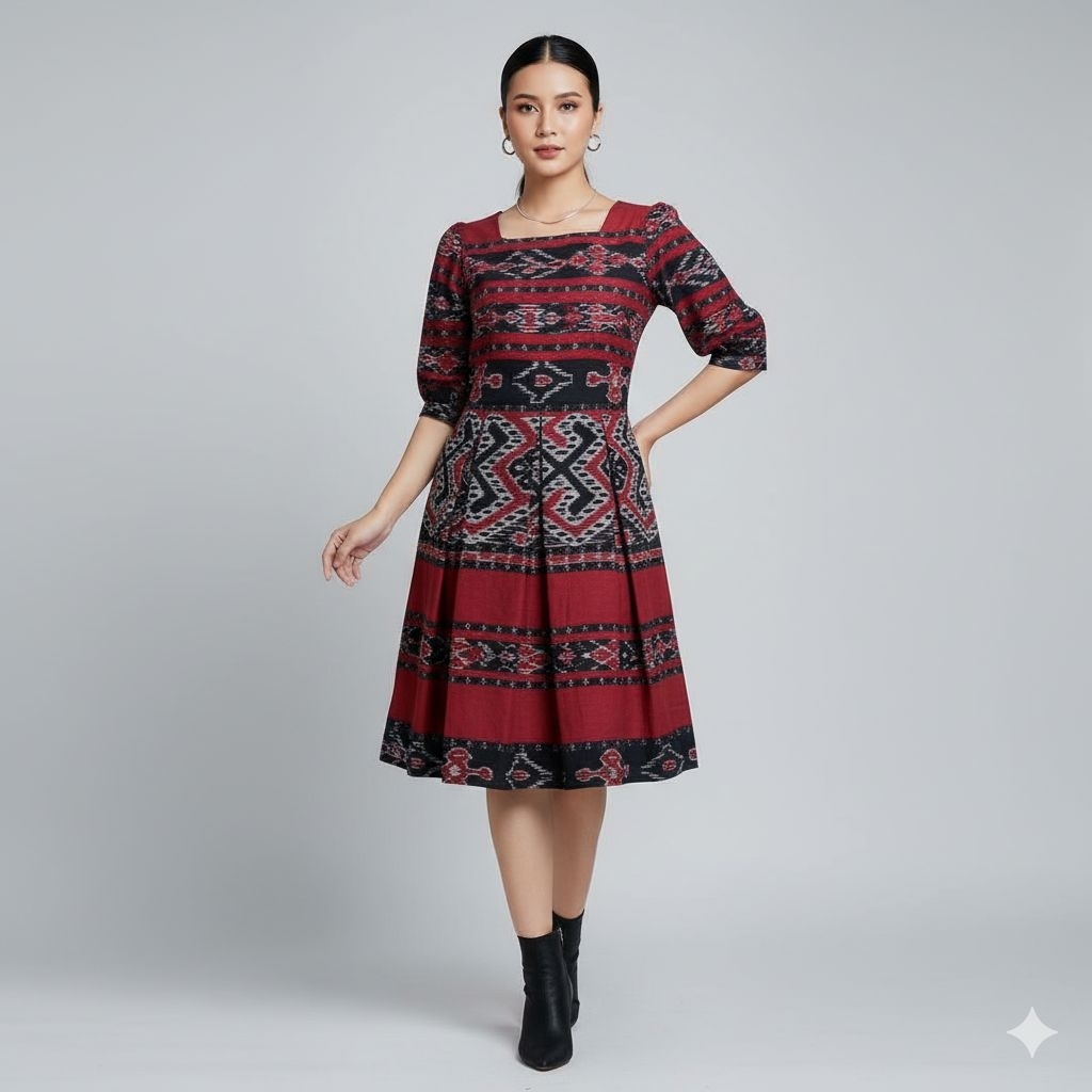 GAUN TENUN WANITA ELEGAN MOTIF NTT – DRESS TENUN KOMBINASI LURIK JEPARA UNTUK KONDANGAN, FORMAL, CAS