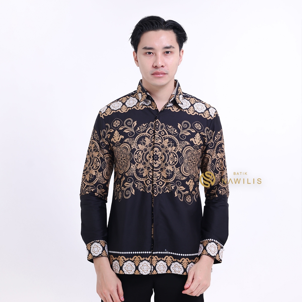 BATIK NAWILIS Kemeja Katun Pria SlimFit Lapis Furing Premium Motif HITAM MANDALA