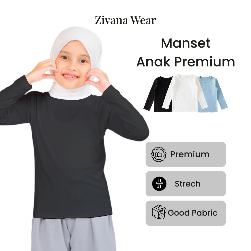 Zivana Wear - Manset Baju Anak Polos Perempuan Lengan Panjang Usia 2-12 Tahun Bahan Spandek Premium 