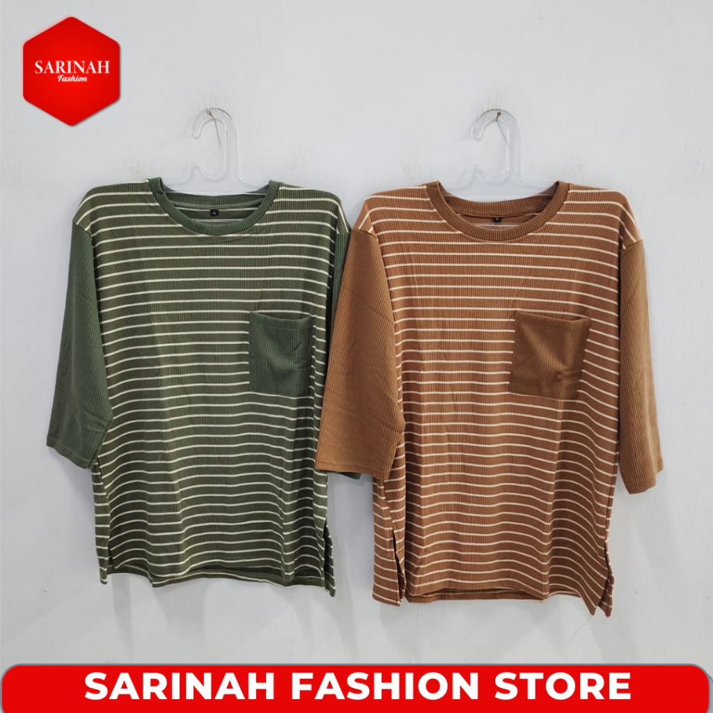 Blus Atasan Wanita Lengan 7/8 Kantong Depan Motif Salur