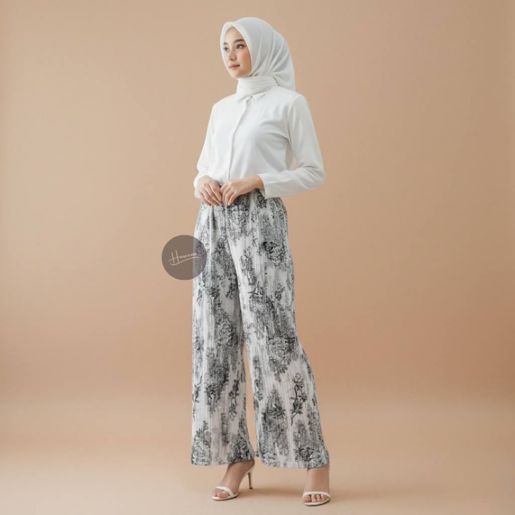 Haseena Celana Kulot Plisket Bella Motif Prada High Waist Dewasa All Size Jumbo