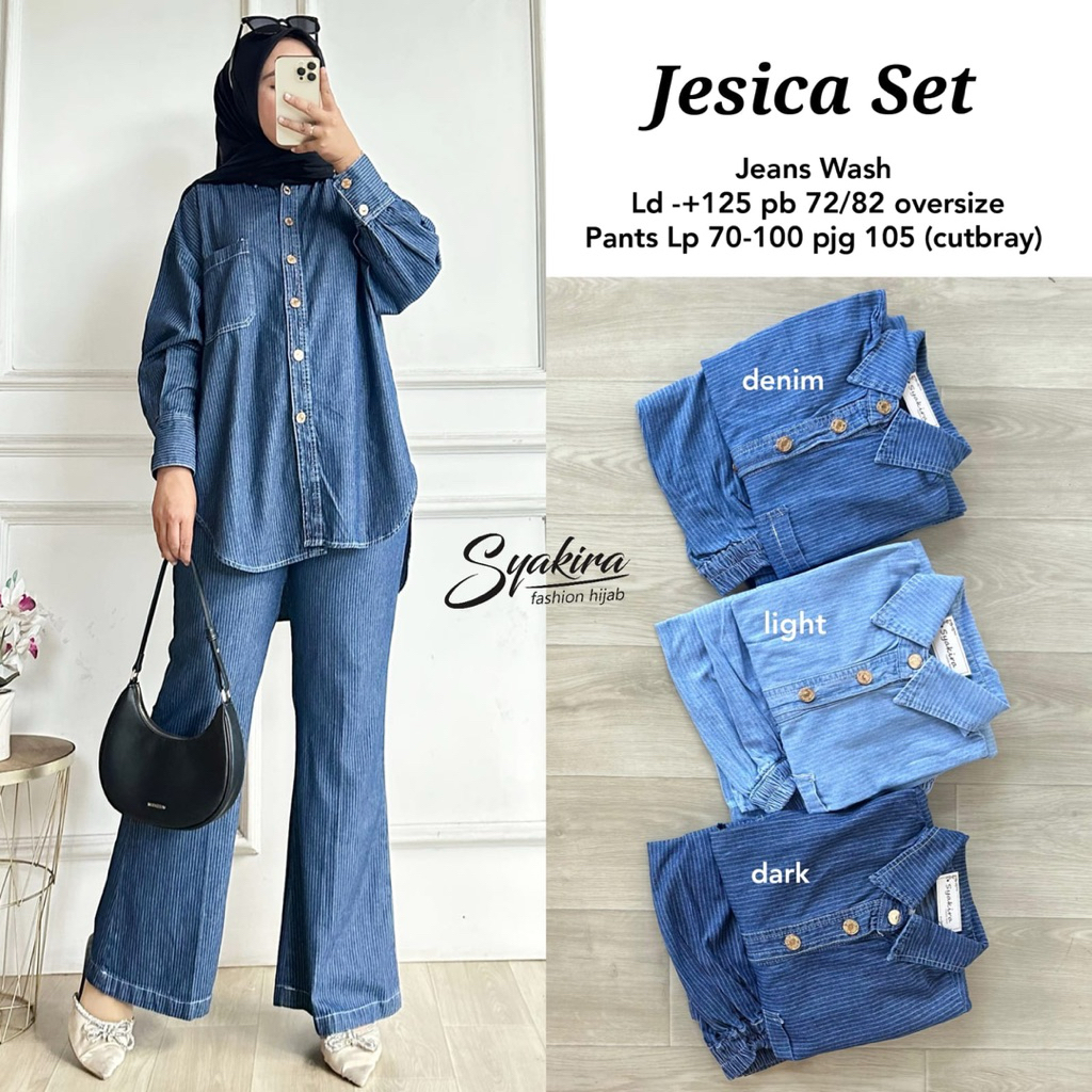 COD= NO CANCEL• Jesica Set by Syakira• Setelan Celana Jeans Oversize Kekinian Best Seller