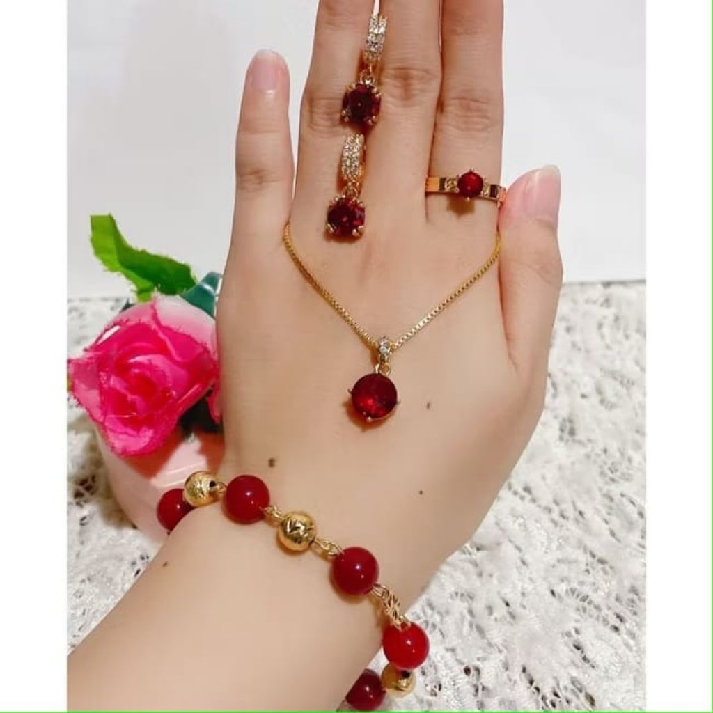 set perhiasan wanita butir giok merah asli titanium
