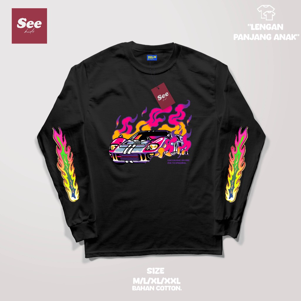 Kaos Distro Lengan Panjang Anak on fire speeding car - T-shirt branded kids