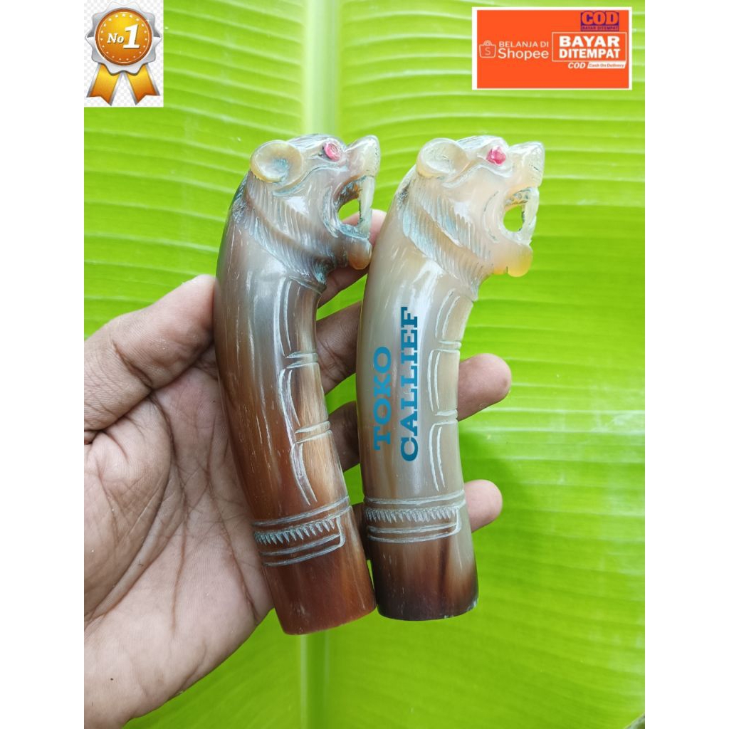 Gagang Golok bahan tanduk buat gocil 20cm ukir macan