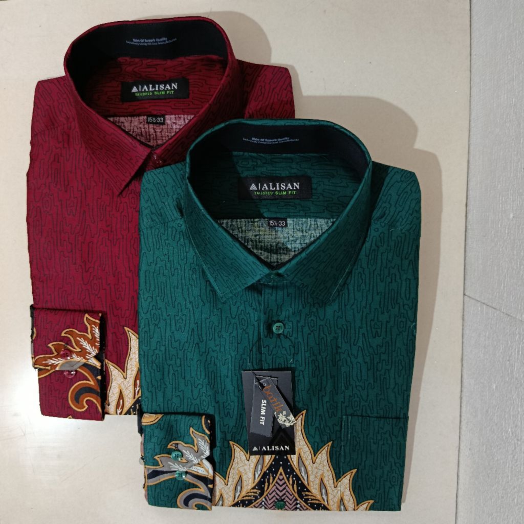 Alisan Batik Printing Motif Daun Toska/Maroon Lengan Panjang Slimfit