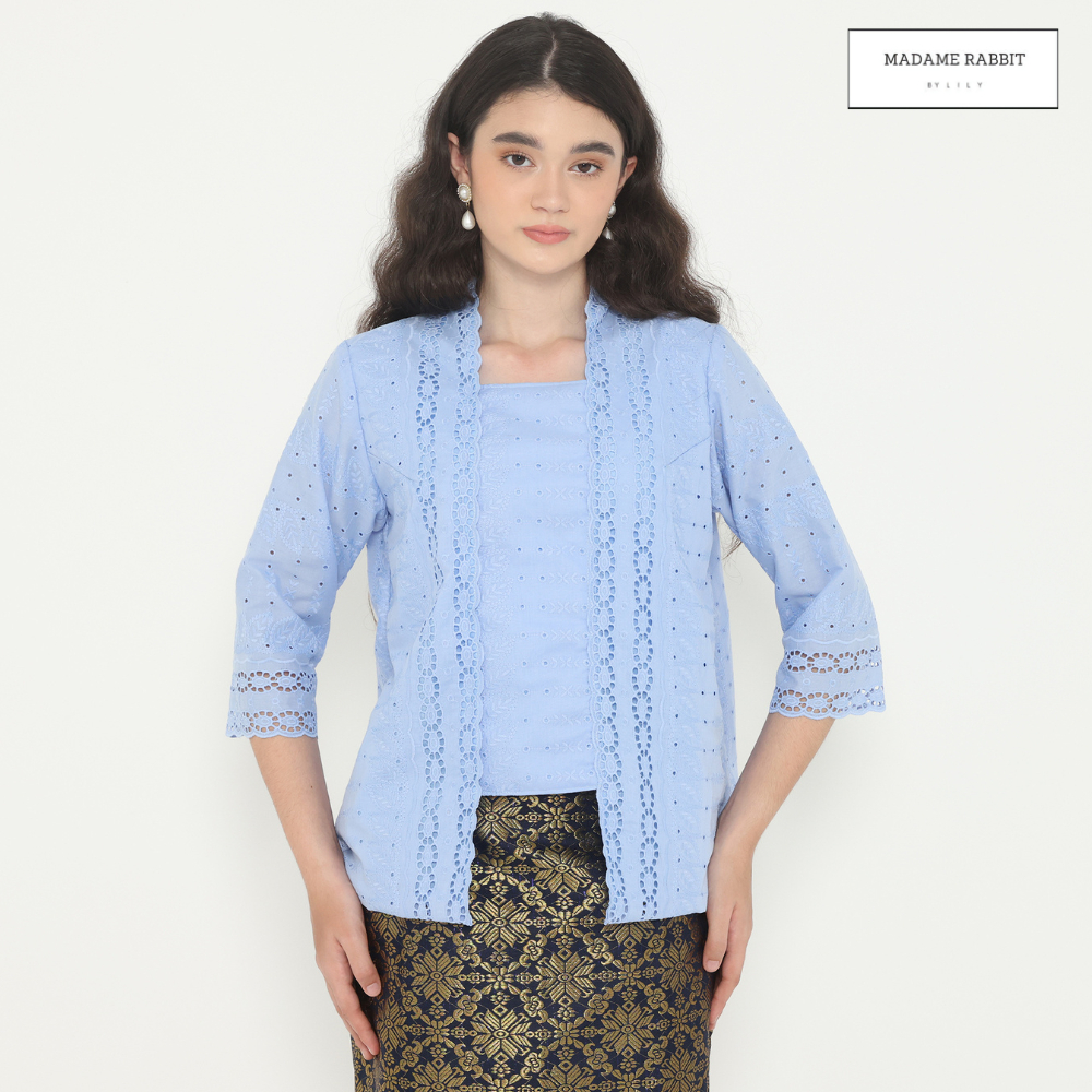 Kebaya Biru Lengan Panjang Madame Rabbit Kutu Baru Katun Bordir
