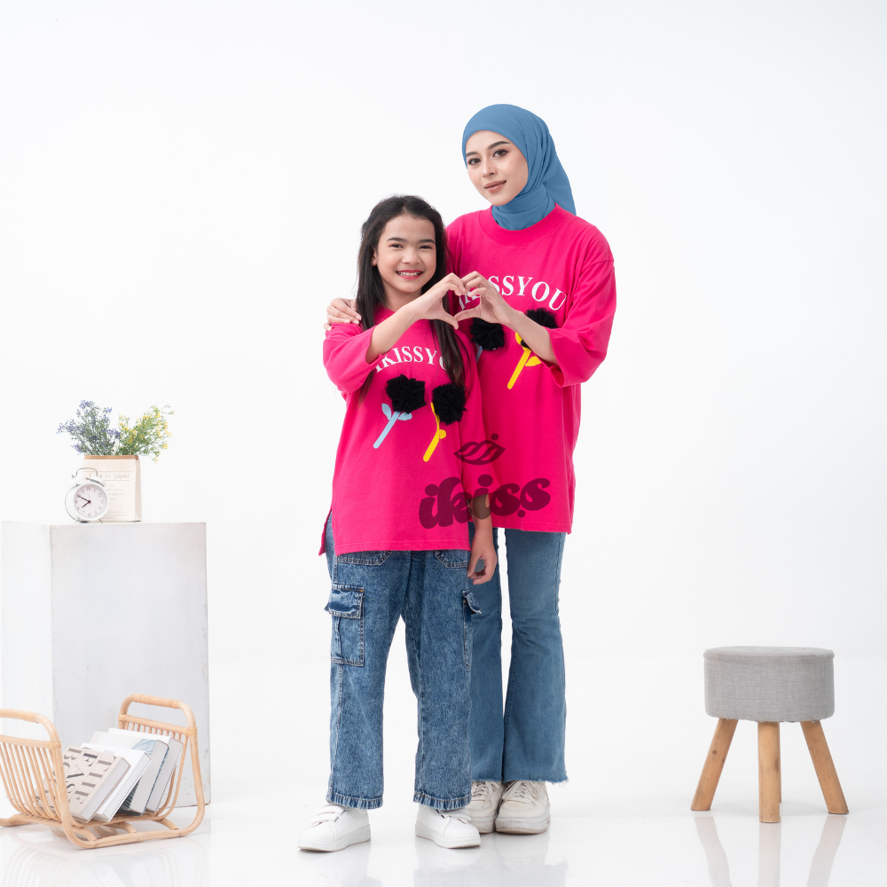 ikiss kaos couple oversize ibu dan anak Lengan 7/8 viral korea looks warna Fuchia / Pink Fanta
