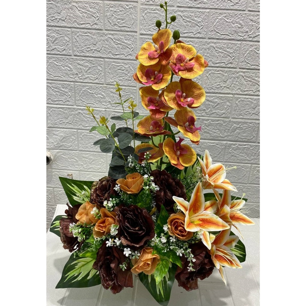 Bunga Meja Sudut Anggrek, Lily Latex, Ros Glitter Pot Bulat Bakul