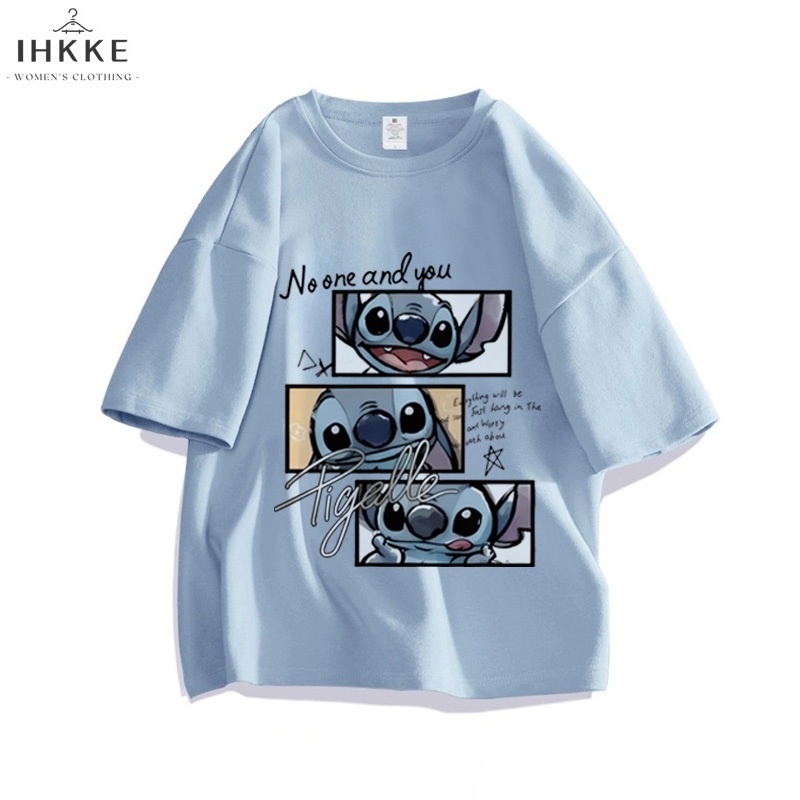 IHKKE Kaos Oversize Wanita Kartun Lucu Animasi Disney Stitch Cetakan Pola Graffiti Kaos Biru Import 