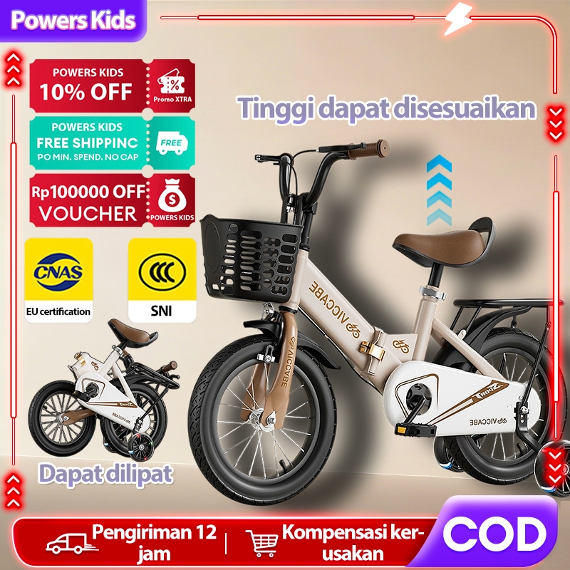 BEIGE Sepeda Lipat Anak 12 14 16 Inch - Sepeda Bayi dengan Roda Bantu Usia 2-8 Tahun