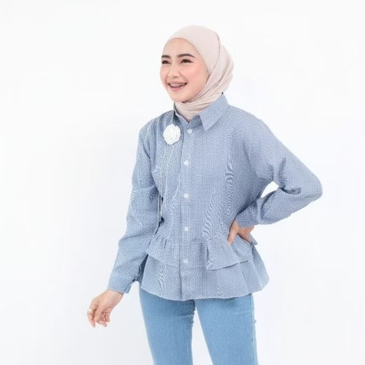 Ruffle Little Square Shirt | Kemeja Blouse Wanita | Atasan Kotak-kotak
