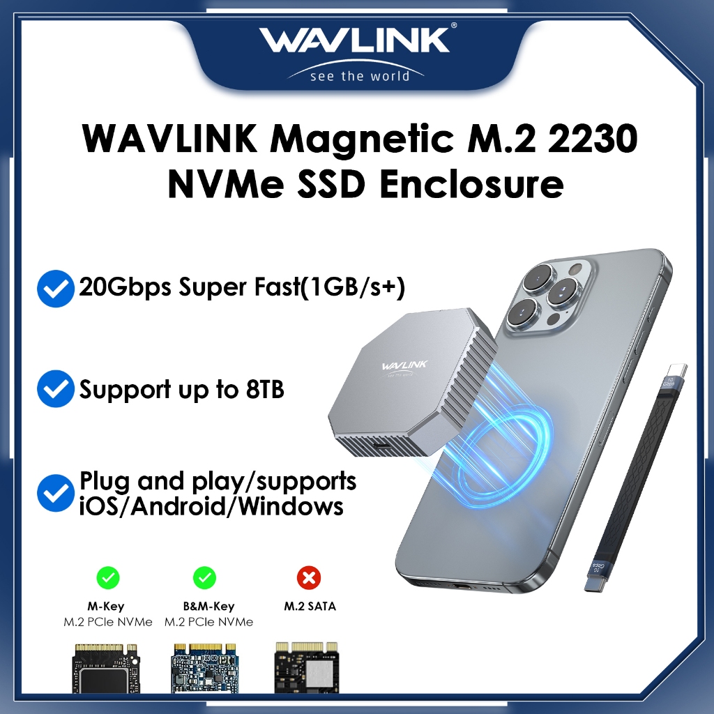 WAVLINK M.2 2230 Magnetic NVMe/SATA SSD Enclosure, Adaptor USB C 3.2 Gen2 10Gbps, Kompatibel dengan 