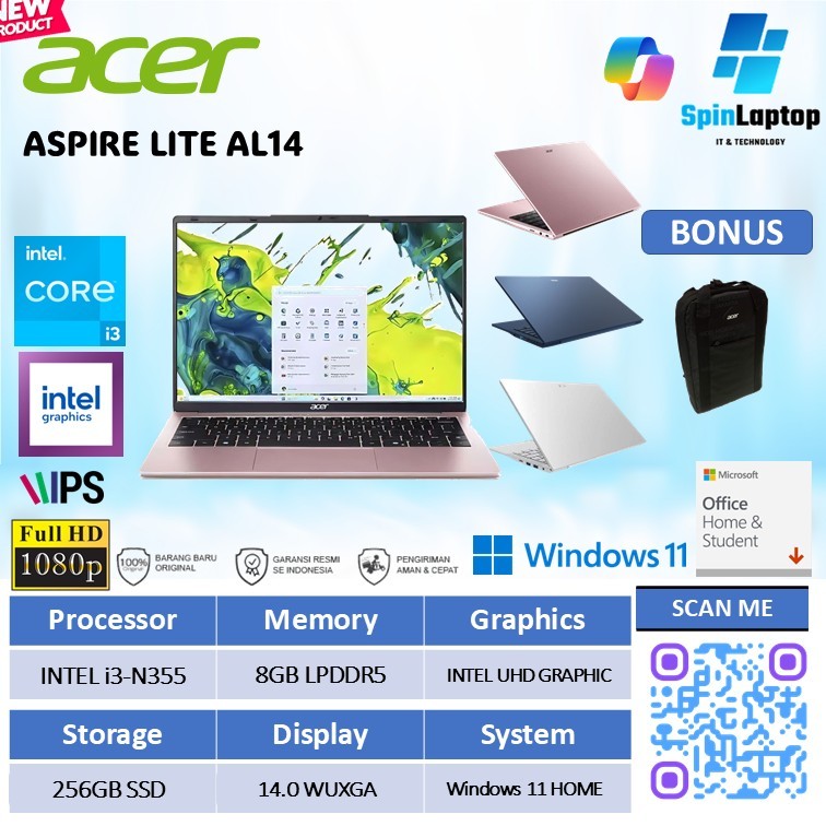 Laptop ACER Aspire Lite 14 AL14 Intel Core i3 N355 8GB 256GB SSD Layar IPS Windows 11 OHS Baru