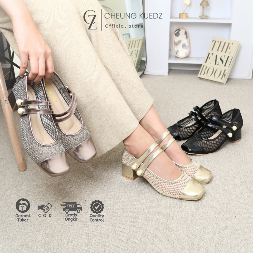 CZ - Cheung Kuedz VAMELLA Sepatu Hak Tahu Wanita Model Brukat Bahan Brukat Jaring Tinggi Hak 5Cm Sol