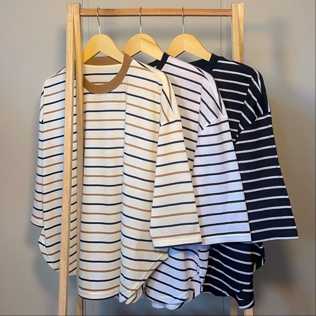 Kaos stripe oversize ootd hijab tshirt katun wanita hijab