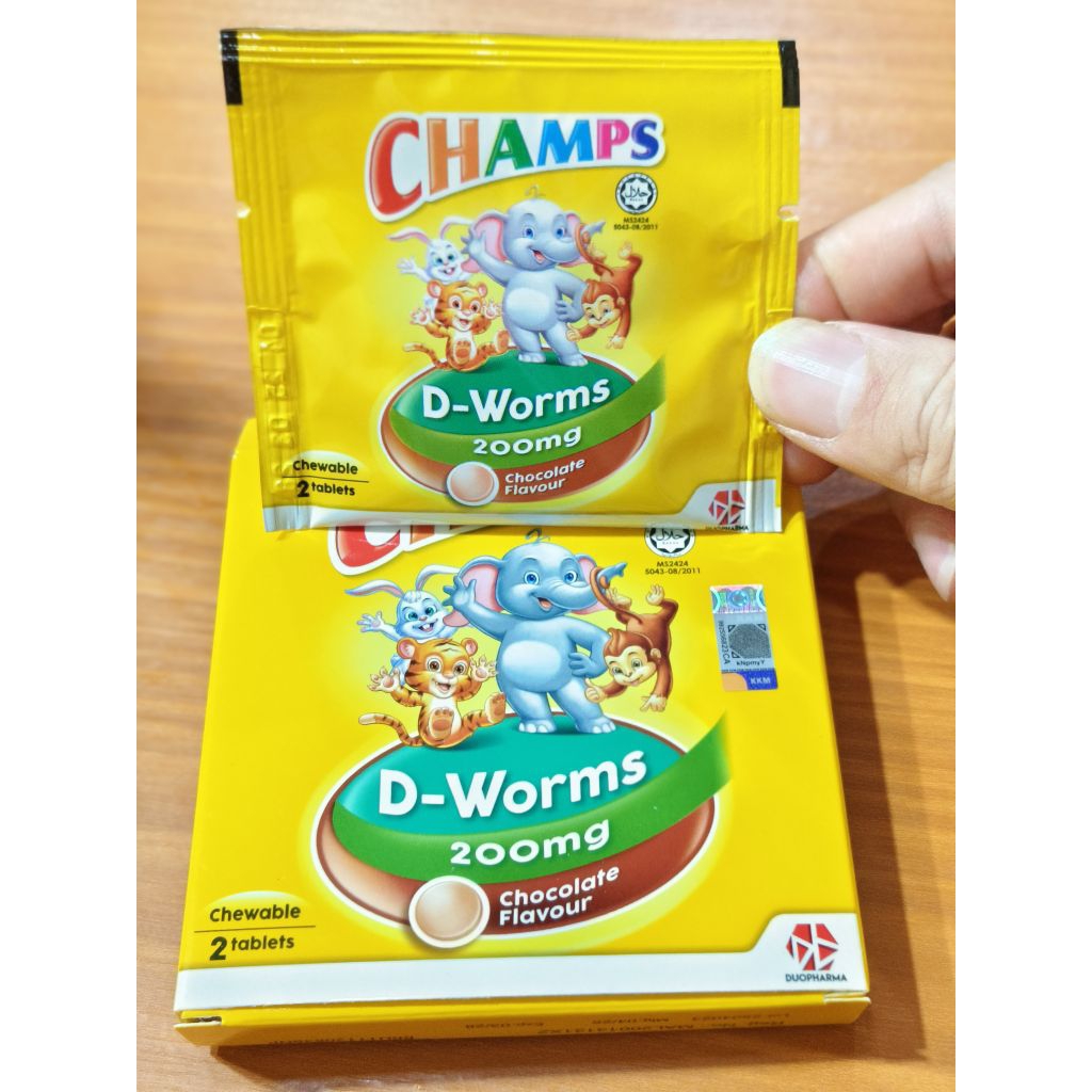 Champs D worms 200mg rasa chocolate isi 2 tablet obat cacing anak dan dewasa import