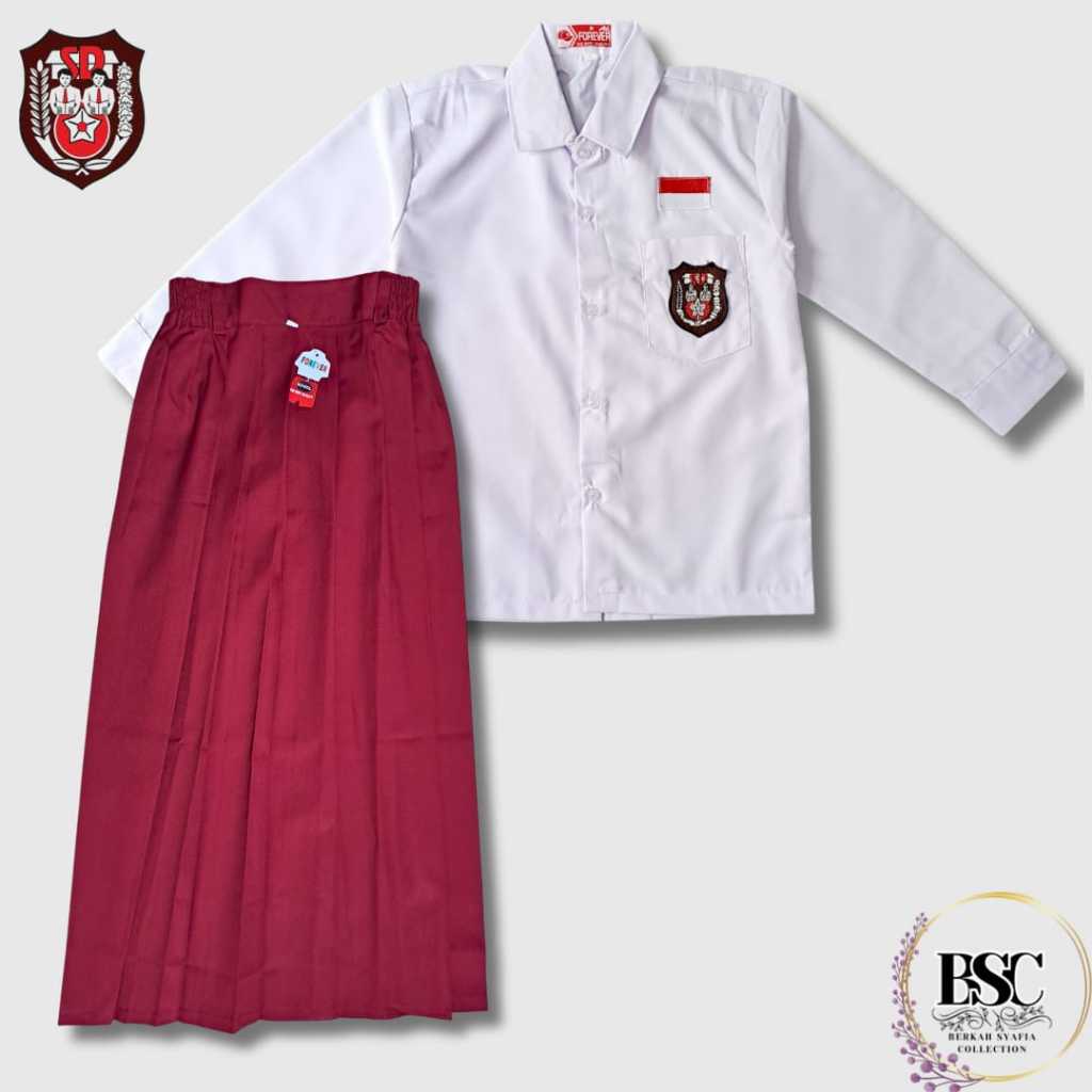 Seragam Sekolah SD Merah Putih Anak Perempuan Baju Putih Lengan Panjang & Rok Merah Panjang